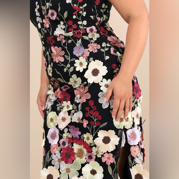 Lulu's Black Thriving Energy Black 3D Floral Embroidered Lace-Up Midi Dress - Picture 13 of 16